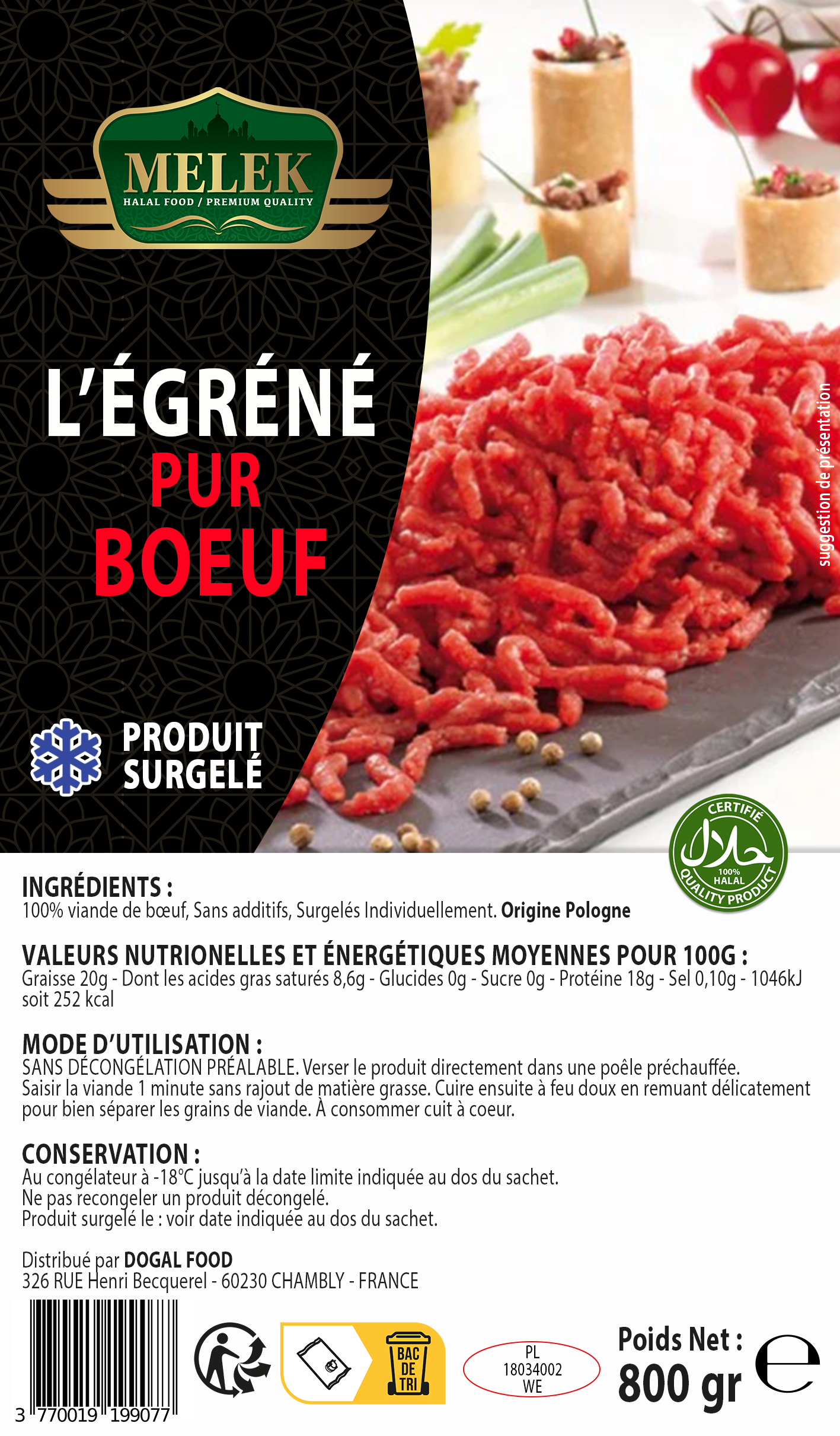 E770 : Melek égréné de boeuf 800gr ( 13pc par colis ) 