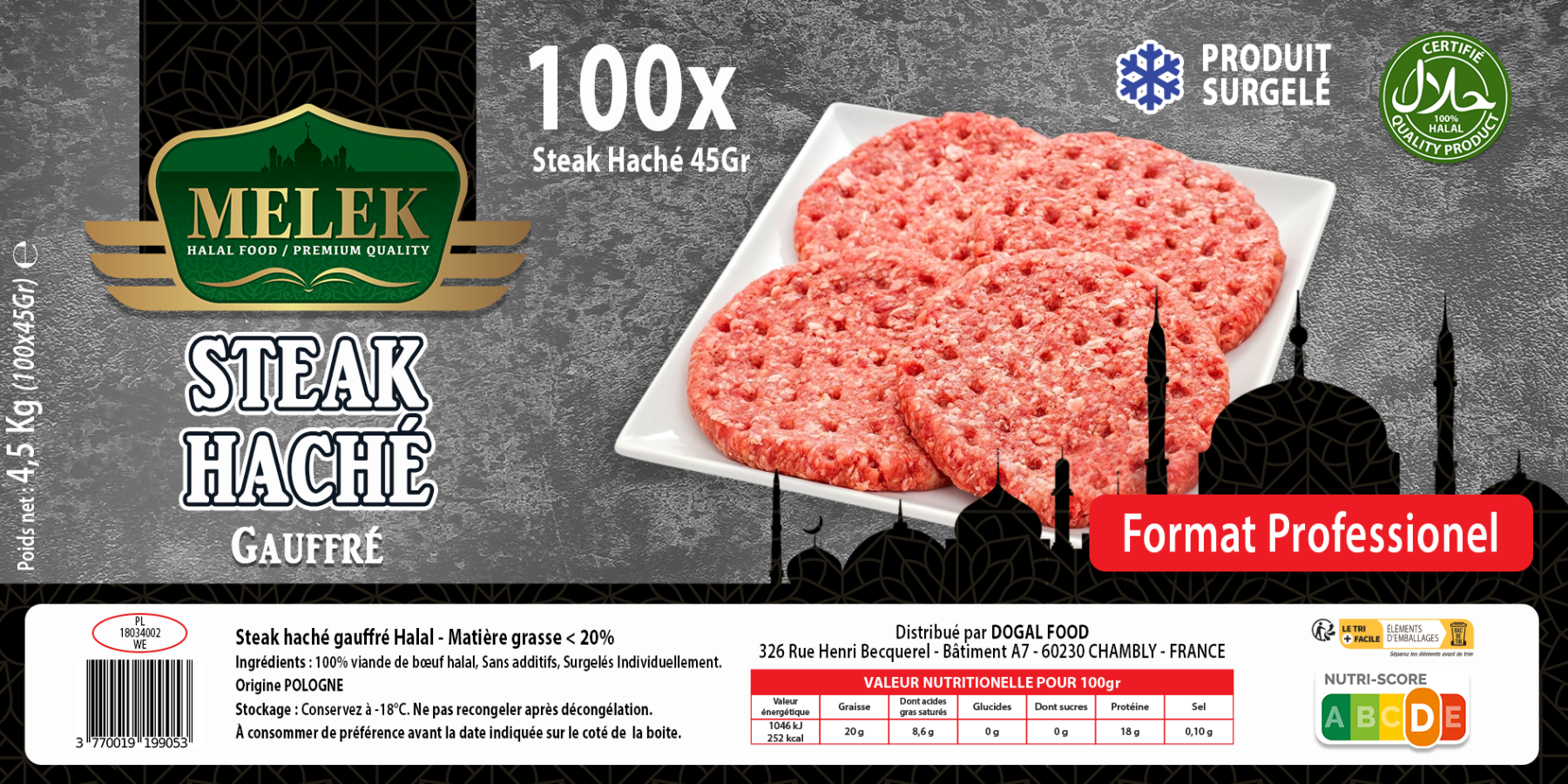 E760 : MELEK Steak Haché 45gr x 100Pc 4,5Kg 