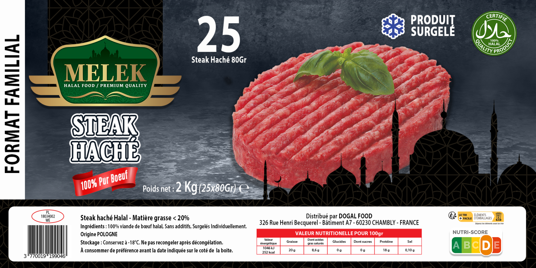 E761 : MELEK Steak Haché 80gr x 25Pc 2Kg 