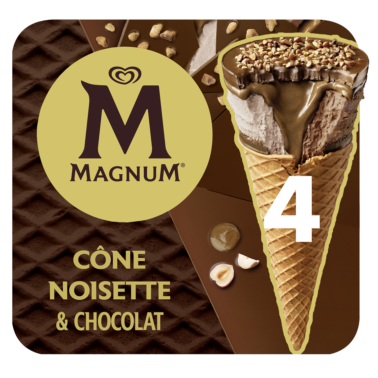 D100 : Magnum Cornet Noisette Chocolat x4 90GR (6 Pc par colis)